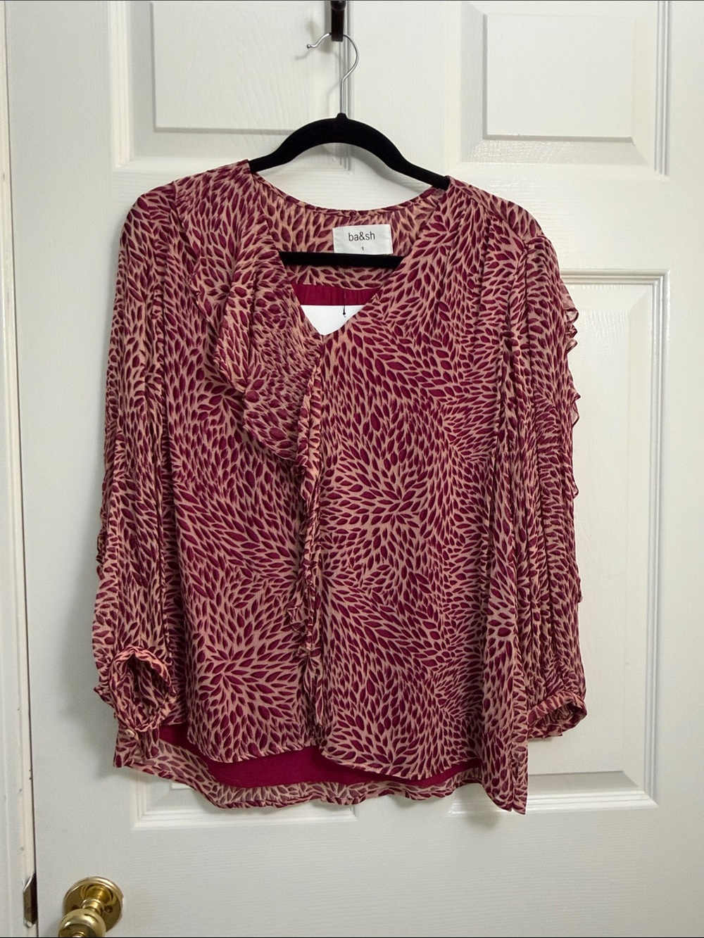 ba&sh Burgundy and Cream Printed Ruffle-Trim Blouse